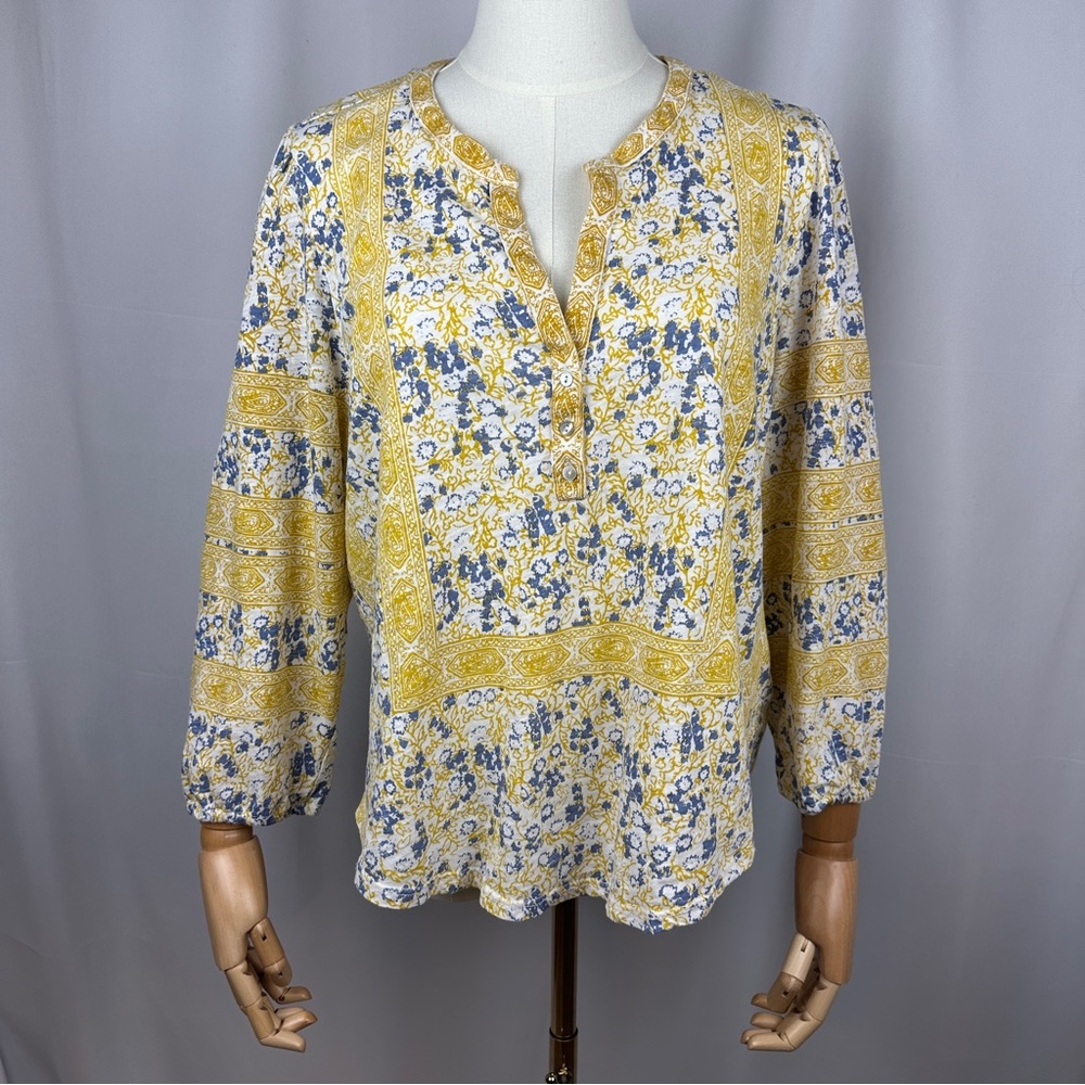 Lucky Brand Floral Henley Top Yellow Boho Cottagecore Cotton Shirt Womens L